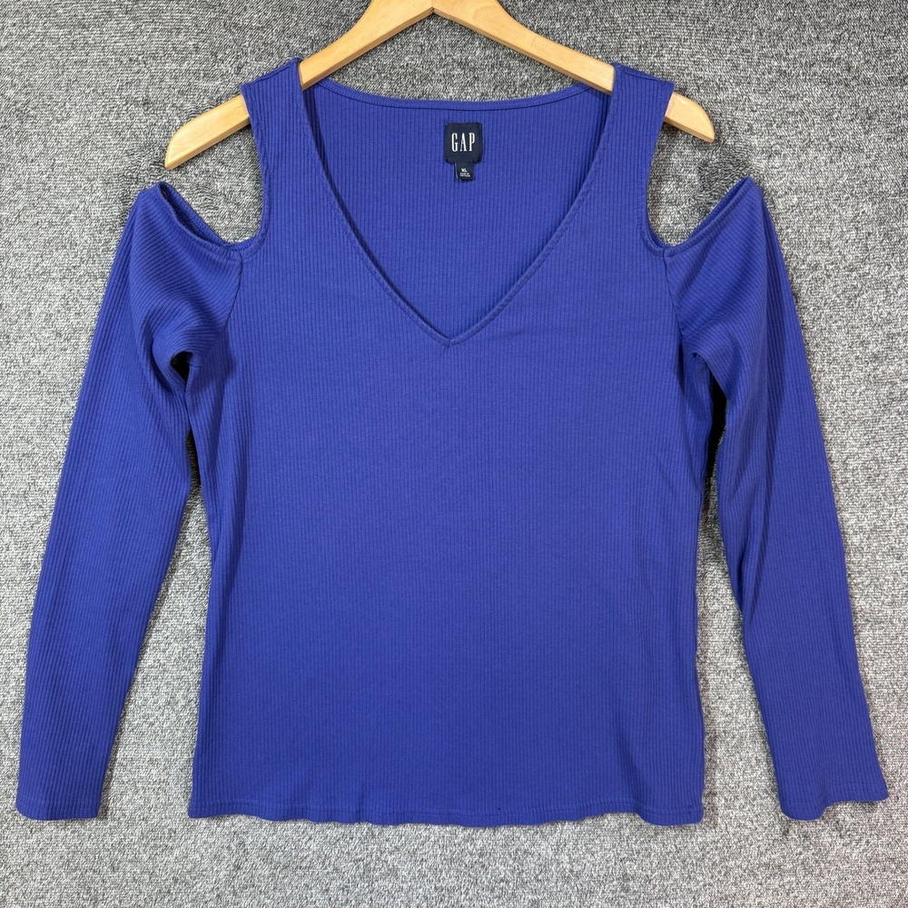 Gap Top Womens XL Royal Blue Ribbed Cold Shoulder V-Neck Long Sleeve